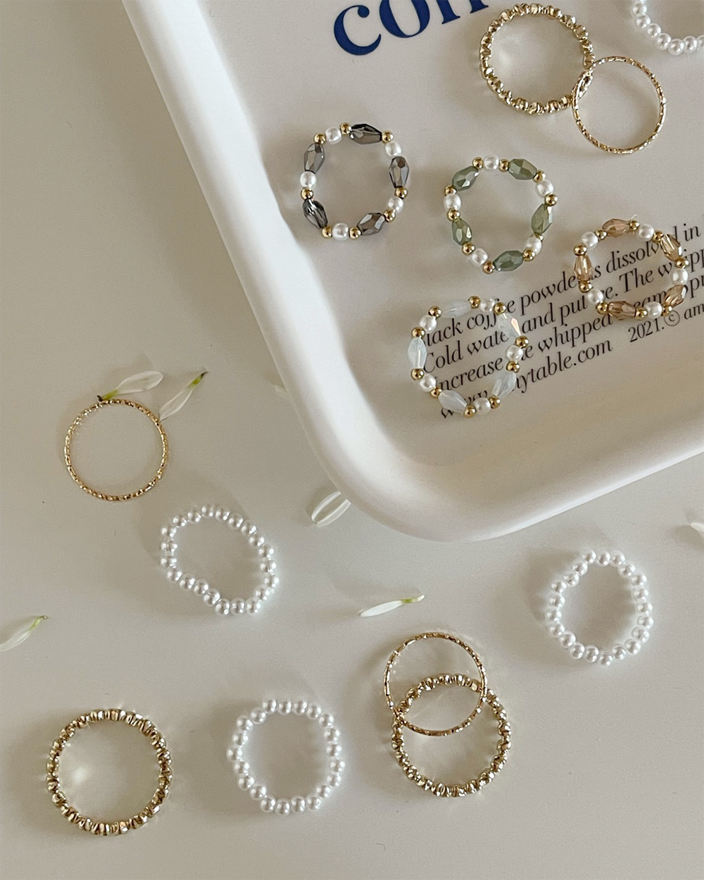 엣더룸 - 4ps pearl crystal beads ring set (4color)